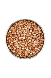 Top view of an open canister of Satin Smooth Pebbles Wax Golden Quartz Thin Film Flex Wax featuring golden wax granules